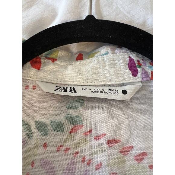 Zara Womens Linen Button Up Size S Rainbow Multicolor Floral Art to Wear Gypsy - Picture 8 of 8